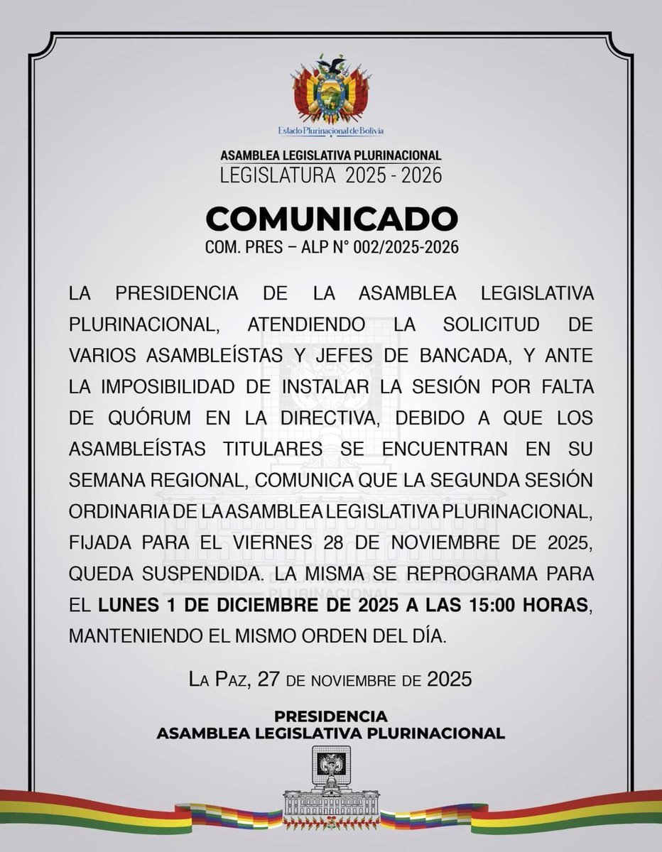 reddtvoficial's tweet photo. Sesión convocada por el vicepresidente Lara se suspende por falta de quórum
La sesión que fue convocada por el vicepresidente #EdmandLara fue #suspendida para el lunes de la próxima semana ante la falta de Quórum, por parlamentarios que se encuentran en sus regiones. En la sesión se debía tratar una resolución para la elección de magistrados.