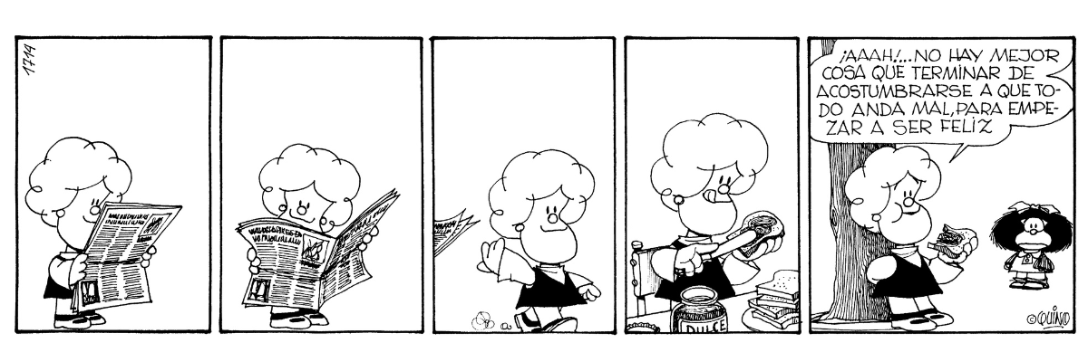 MafaldaDigital's tweet image. «No hay mejor cosa que terminar de acostumbrarse a que todo anda mal, para empezar a ser feliz». 🗞🥪💬

#Mafalda #Quino