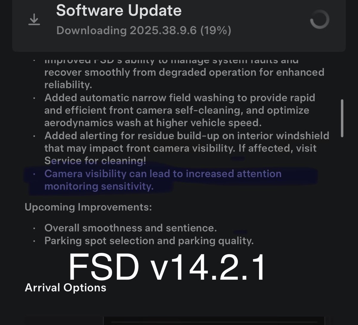 BLKMDL3's tweet image. Here is a release note change between FSD v14.2 -&amp;gt; v14.2.1

Attention motoring was relaxed a ton, but it still will be sensitive if there’s rain or it can’t see you which makes sense. Going out for my first drive once it installs.