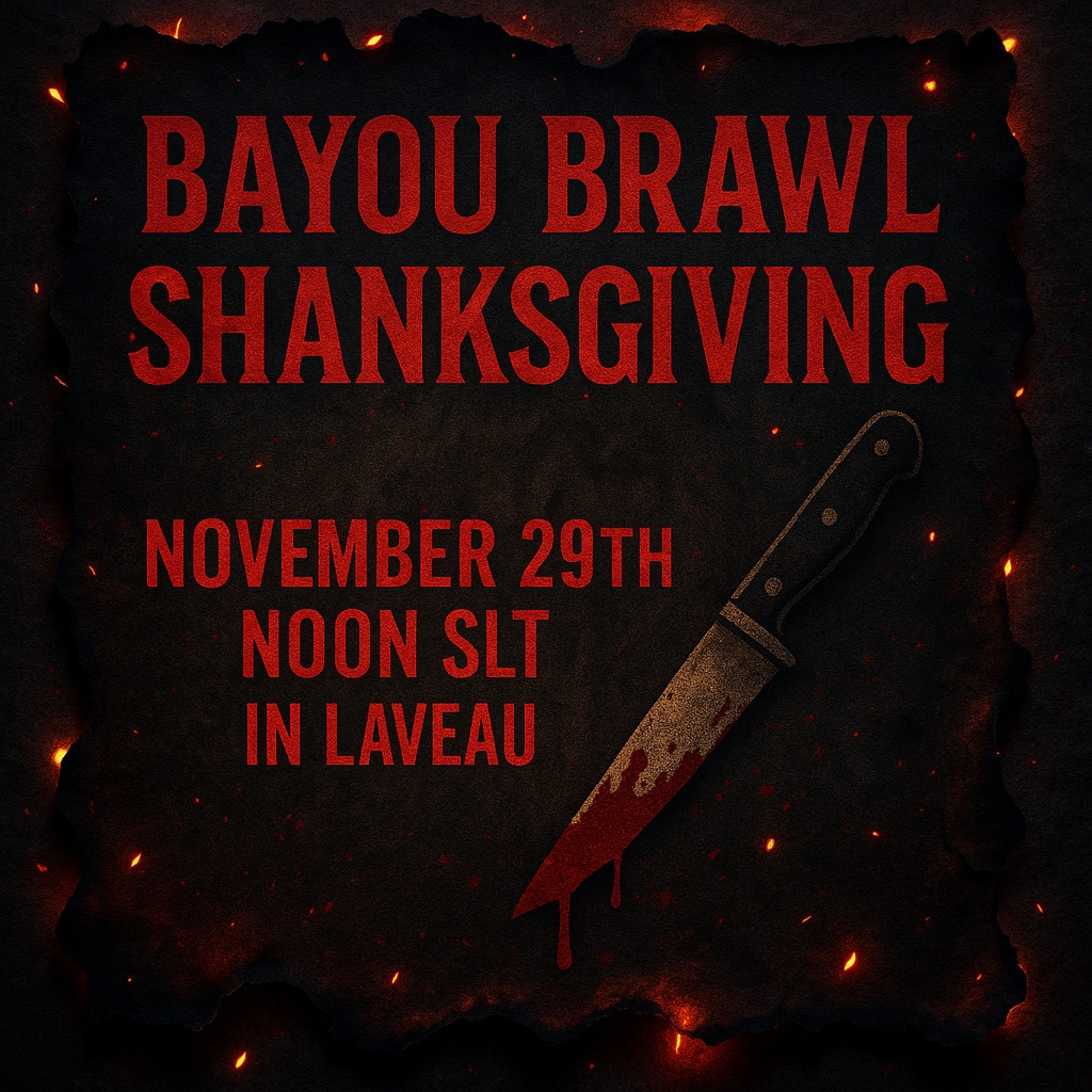 CrackDen's tweet image. 🩸 Port Laveau&apos;s Bayou Brawls 🩸
“SHANKSGIVING” EDITION

💀 THIS AIN’T SANCTIONED. THIS AIN’T CLEAN.
This is urban carnage in its rawest form.
Weapon of Choice: Knives

⏰ Nov 29, 12pm SLT

#SecondLife #CDBackwaters #Roleplay #Metaverse