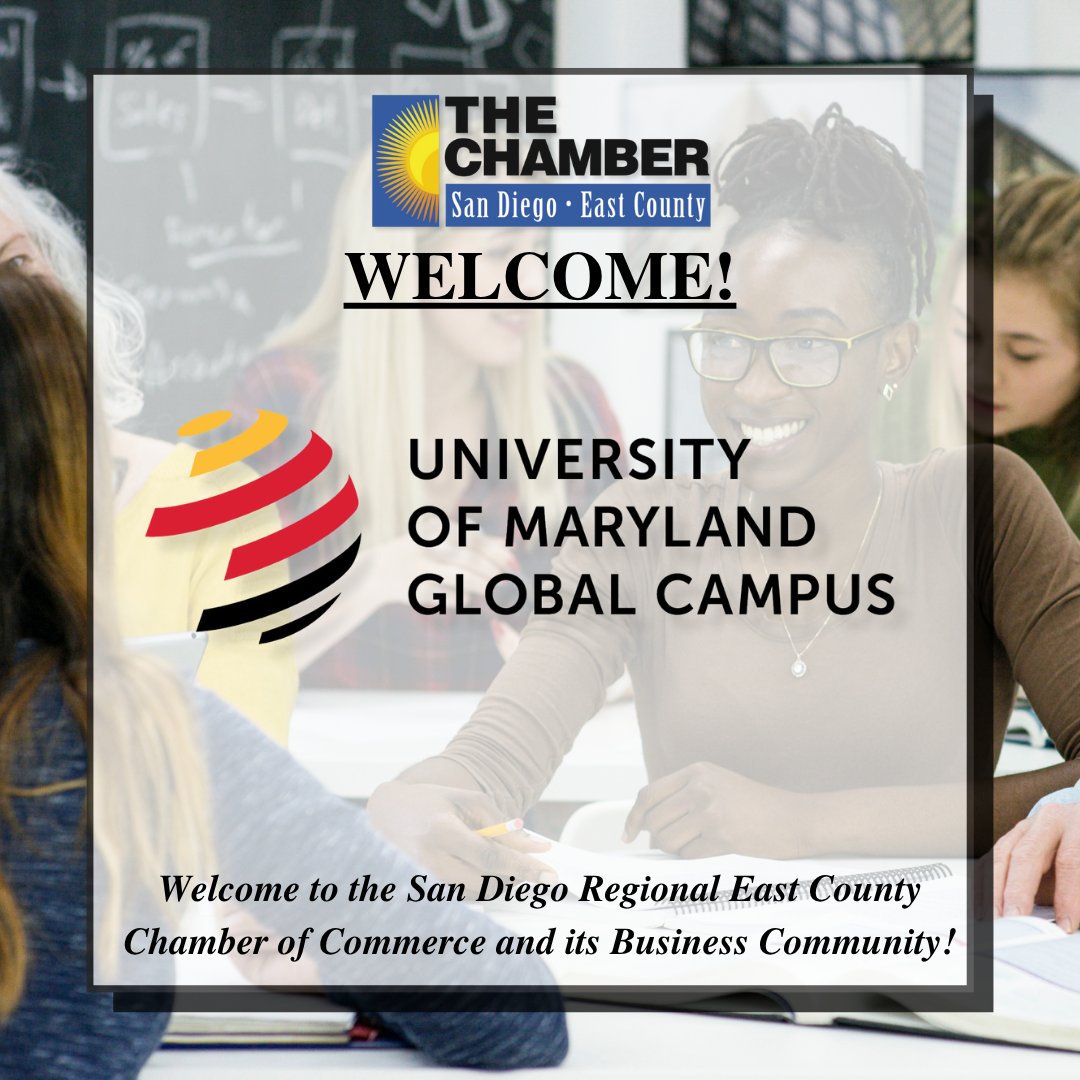 sdeccc's tweet image. Please welcome to The Chamber, University of Maryland Global Campus! University of Maryland Global Campus offers classes and full services at in San Diego, California.

Their helpful admissions advisors can help you choose an academic program to fit your career goals, estimate…