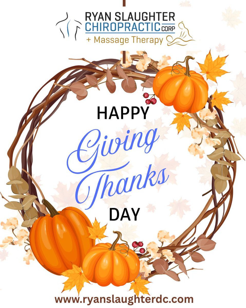 ryanslaughterdc's tweet photo. Dr. Ryan and the wonderful skilled therapists at Ryan Slaughter Chiropractic Corp wants to wish all our clients and the community and wonderful and Happy Thanksgiving! We are thankful for you all and wish everyone a day of memories and fulfillment! https://t.co/CcF2krhDjJ