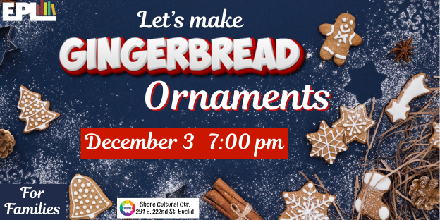EuclidLibrary's tweet image. Let&apos;s make something sweet for the #Christmastree.
Come to the Shore Cultural Centre on December 3 at 7:00 pm to make your very own #Gingerbread Ornament. This simple craft is fun to make, and will smell amazing wherever you choose to hang it. For families.
#OurEuclid