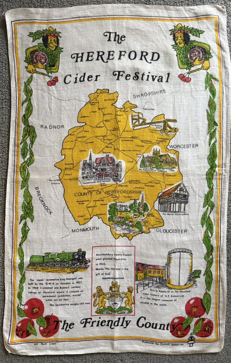Trevor_FJ's tweet image. So pleased to have found this tea towel. Rare as it’s the first one I have found listed in years. Oh to have been to the 1972 Herefordshire cider festival.  #cider #herefordshire  #teatowel  #souvenir