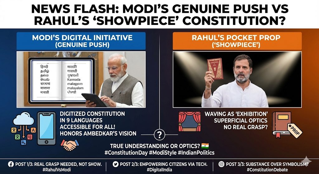 sirish1249's tweet image. Modi’s Genuine Push vs Rahul’s ‘Showpiece’ Constitution? On Samvidhan Divas, PM @narendramodi’s govt digitized India’s Constitution in 9 languages. making it accessible for all! Contrast with @RahulGandhi’s pocket prop. True understanding or optics? 🇮🇳 #ConstitutionDay #ModiStyle