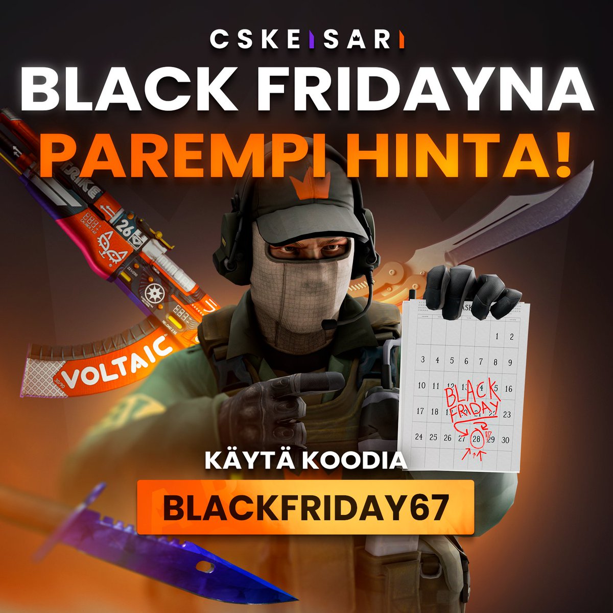 CSKeisari's tweet image. CSKEISARI BLACK FRIDAY ⚫🗓️

Tarvitsetko rahaa Black Friday- tai Joululahja-ostoksia varten?
Koodilla &quot;BLACKFRIDAY67&quot; saat huomattavasti paremman hinnan skinien ennakkomaksuista!

Koodi käytössä 28.11 ajan! ⏱️