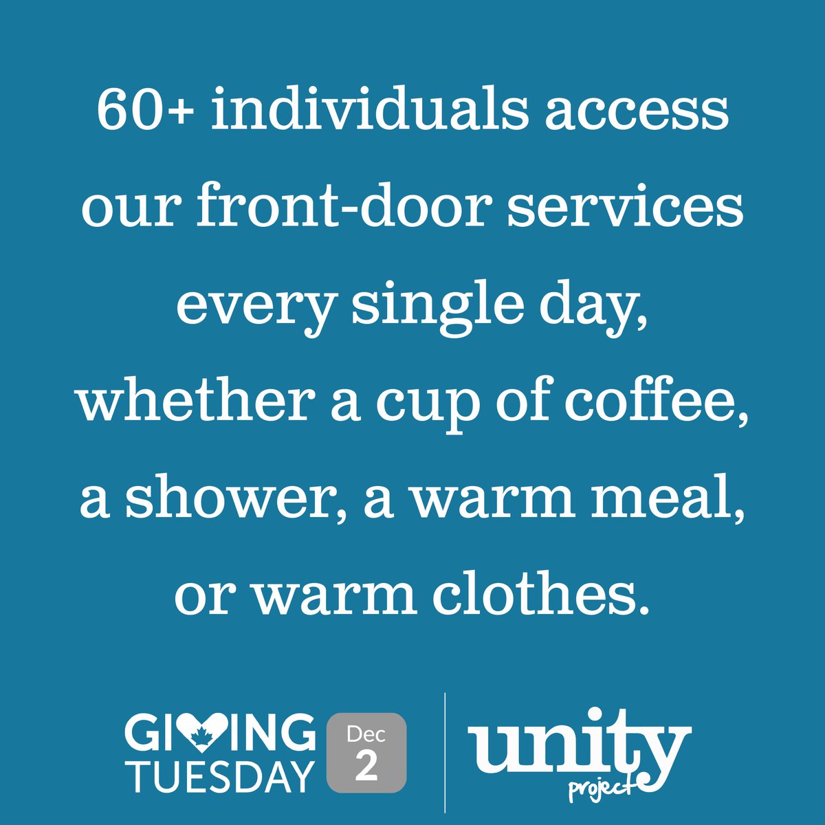 UnityProjectLdn's tweet image. 60+ people visit our doors in #Ldnont daily for coffee, a warm meal, a shower, or fresh clothes.

This @GivingTuesdayCa double your impact! Gifts matched up to $5K by Ron &amp;amp; Susan Holliday.   

Join us Dec 2 at 719 Dundas St. Details: unityproject.ca/giving-tuesday