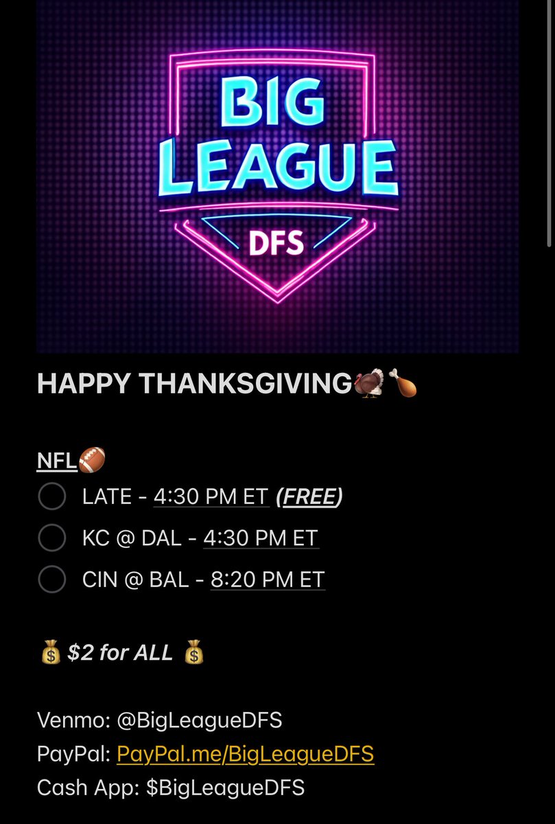 PLENTY OF TURKEY DAY NFL LEFT🦃🔥

💰$2 for all remaining lineups💰

#NFLFanDuel #DFS #NFL #FantasyFootball #FanDuel #NFLLineups #DailyFantasy #FantasyNFL #NFLBetting #Thanksgiving