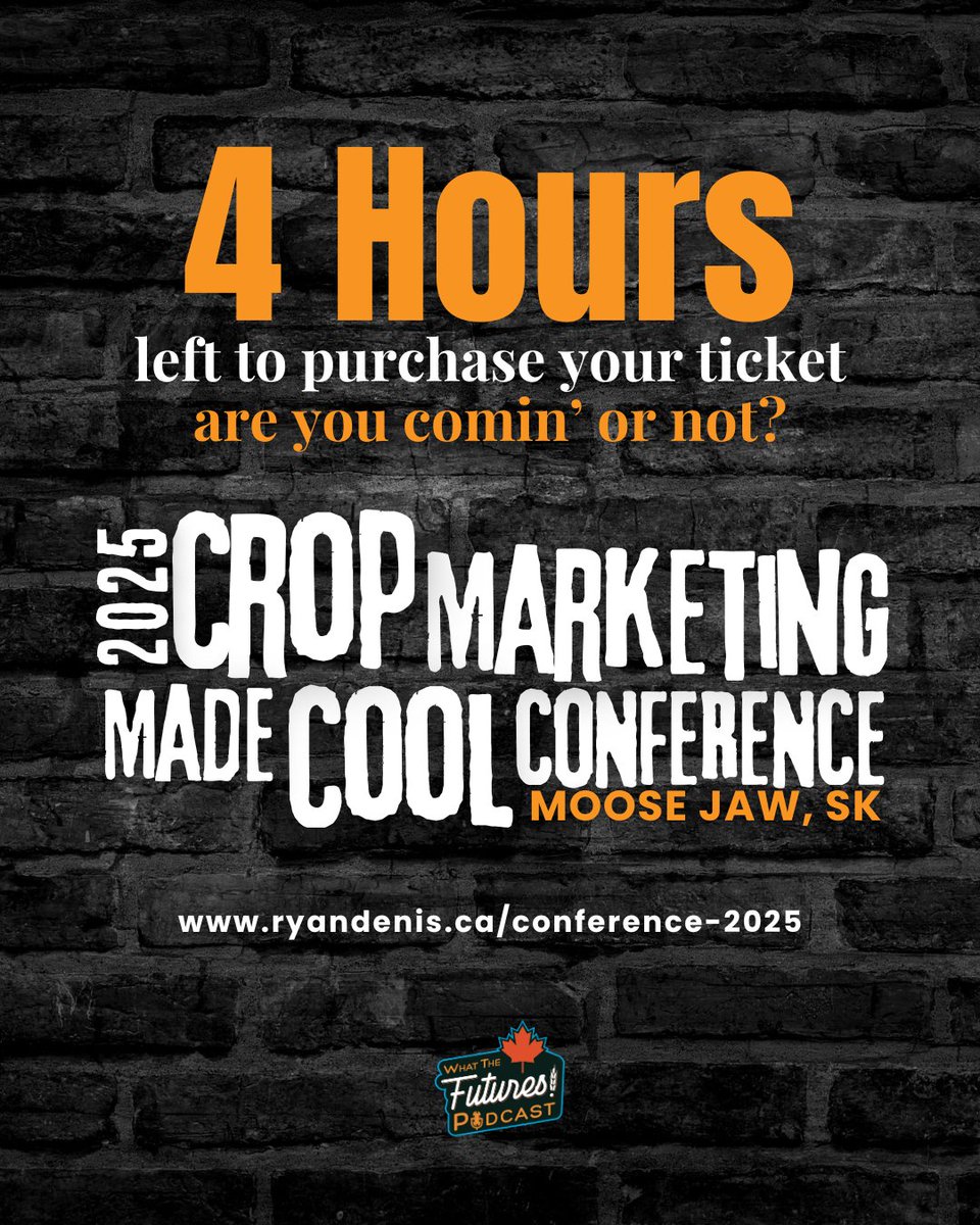 4 hours left.
That’s it!

If you want to be in the room in Moose Jaw for Crop Marketing Made Cool — this is your final window.
If 2025’s margins matter to you… join us. Fly, drive, hitch up the sled — however you get here, just get here.

Tickets close tonight at 10:00pm MST