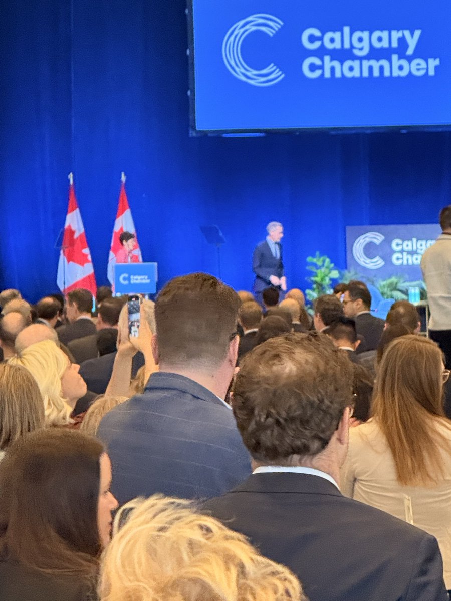 Standing ovation for Prime Minister <a href="/MarkJCarney/">Mark Carney</a> at the <a href="/CalgaryChamber/">Calgary Chamber</a> luncheon. 
A happy but still skeptical crowd. 
Vibe is that this is a really great step forward.