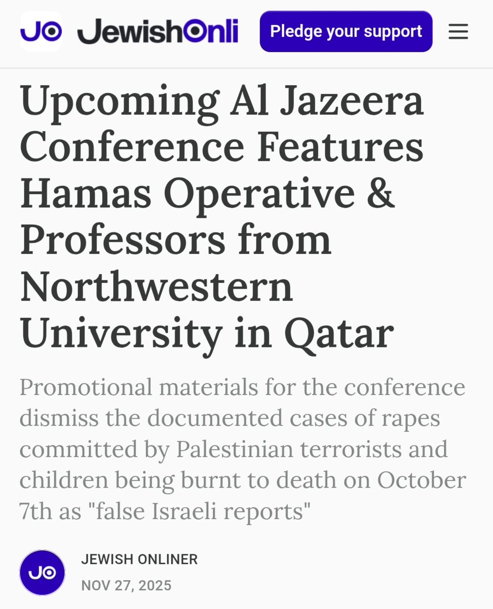 EFischberger's tweet image. Breaking via @JewishOnliner:

Al Jazeera is convening a conference in Doha this weekend featuring Hamas officials and professors from Northwestern University&apos;s campus in Qatar.

They&apos;ll be discussing how the media is biased *in favor* of Israel.