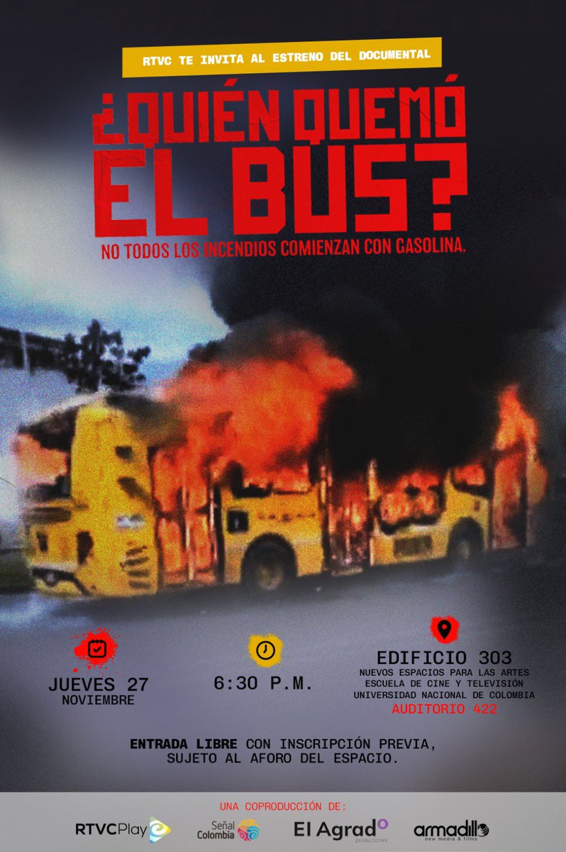 Hoy en la Universidad Nacional podrán conocer la historia de dos muchachos que enfrentan 45 años de prisión por algo que no cometieron. Su pecado fue transmitir lo que pasó durante el #ParoNacional2021

Presentación especial del documental 

“Quien quemó el bus”

Un historia que