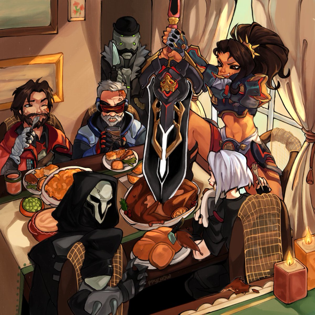 PlayOverwatch's tweet image. Vendetta insisted on carving the turkey this year (and we were too afraid to tell her no) 🦃

Thank you to @PPYCH0W for giving us so much to be grateful for, including this amazing Thanksgiving illustration!  🍁