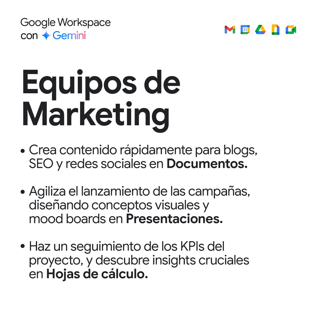 Workspace_LA's tweet image. Menos tareas tediosas, más cierres de venta. 📈 

Descubre cómo Google Workspace con Gemini puede ayudar a tus equipos de ventas y marketing a crear materiales de alto impacto.