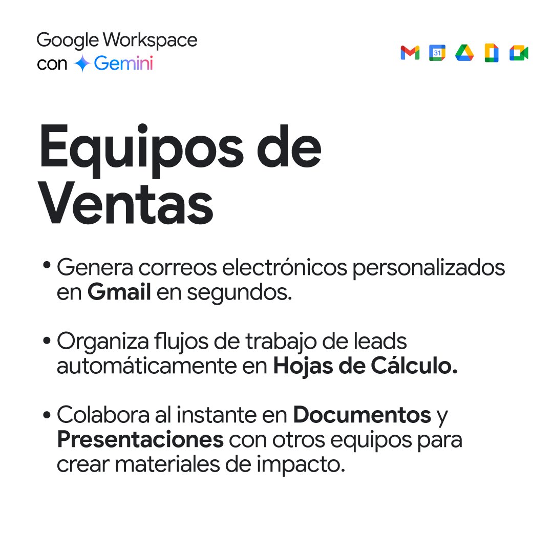 Workspace_LA's tweet image. Menos tareas tediosas, más cierres de venta. 📈 

Descubre cómo Google Workspace con Gemini puede ayudar a tus equipos de ventas y marketing a crear materiales de alto impacto.