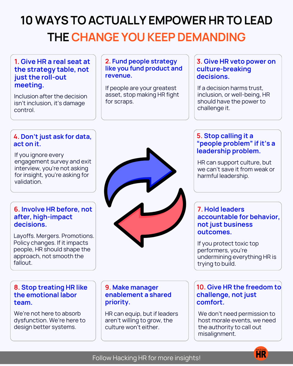 hacking_hr's tweet image. ✨🔥 HR keeps getting asked to “drive the change”…
while being left out of the rooms where real decisions are made.

If leaders want transformation, it starts with giving HR actual influence, not symbolic invitations, not “fix this after it breaks,” and definitely not the…