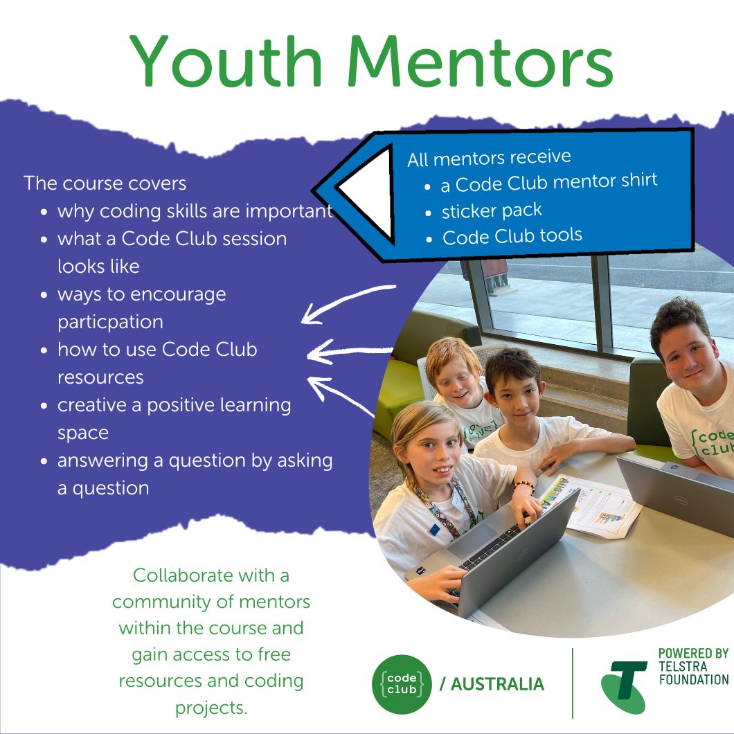 CodeClubAus's tweet image. &quot;When one teaches, two learn&quot;

Mentors in Code Clubs can access our 1 hour elearn course to gain some new skills and become officially recognised as a Code Club Mentor.  Reach out to Kaye for more information.