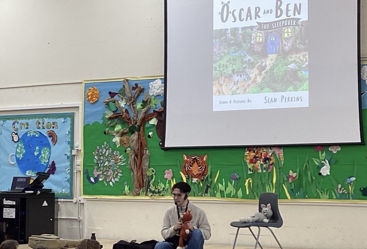 On Monday, we were visited by a local author called Sean Perkins. We listened in assembly to his amazing book 'Oscar and Ben' and we loved seeing the characters come to life. Sean also played the guitar and sang to the school about his book!