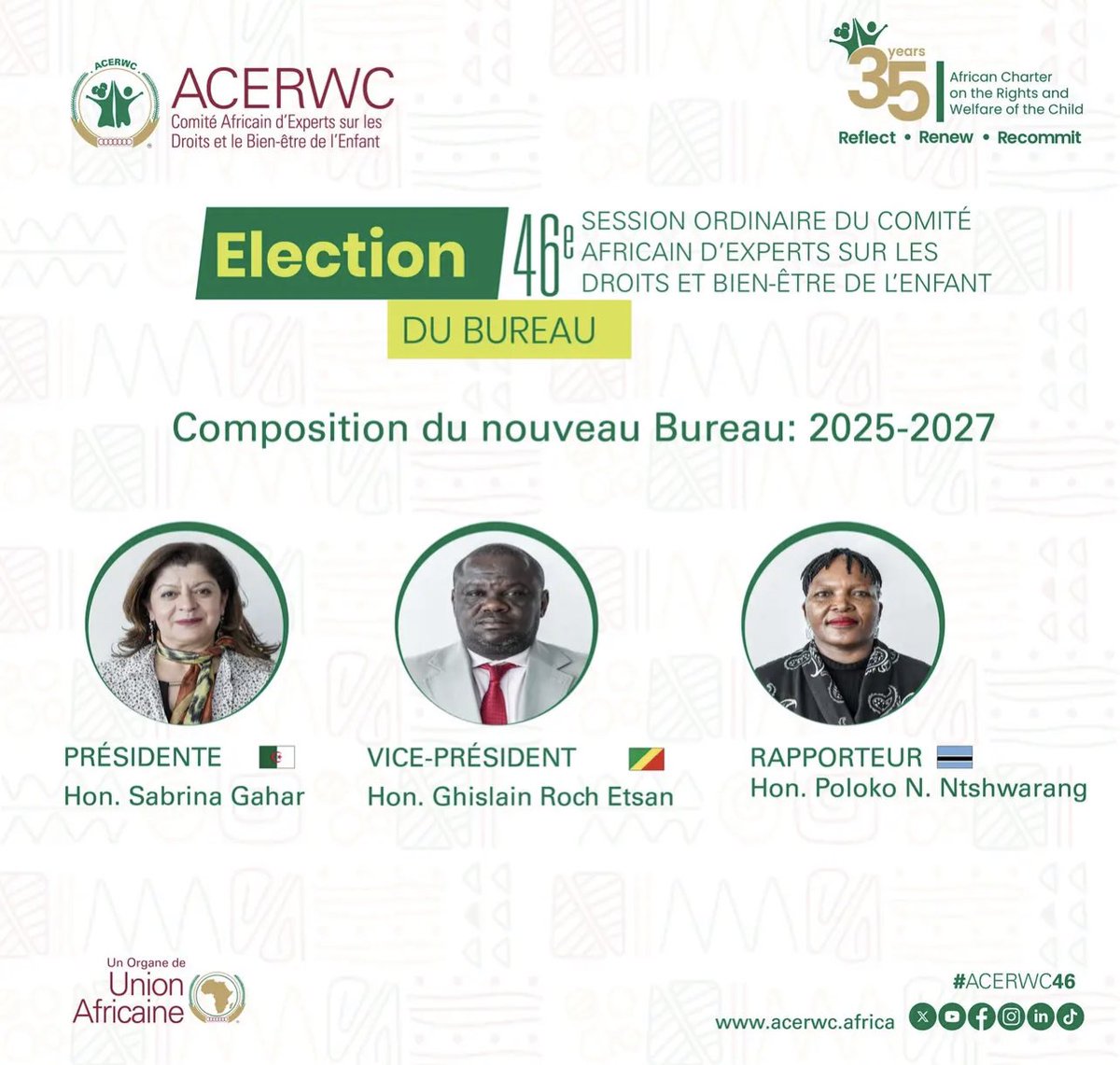 AmbalgAddis's tweet image. 📣 New continental achievement for #Algeria this year. Hon. Sabrina GAHAR, elected unanimously as new Chairperson of the African Committee of Experts on the Rights and Welfare of the Child @acerwc, an @_AfricanUnion Organ. ألف مبروك #الجزائر