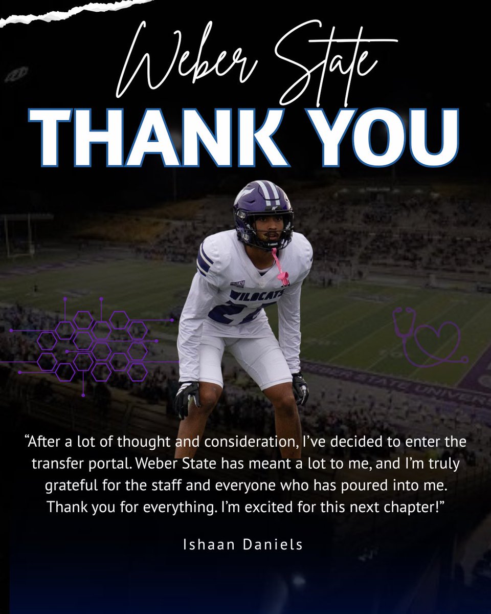 Weber State cornerback Ishaan Daniels <a href="/ishaandaniels3/">Ishaan Daniels</a>) intends to enter the portal with two years of eligibility remaining. Bellevue (Wash.) grad had 66 tackles, four for loss,  8 pass break ups, three interceptions, a sack, a forced fumble and a fumble recovery in 20 games as a