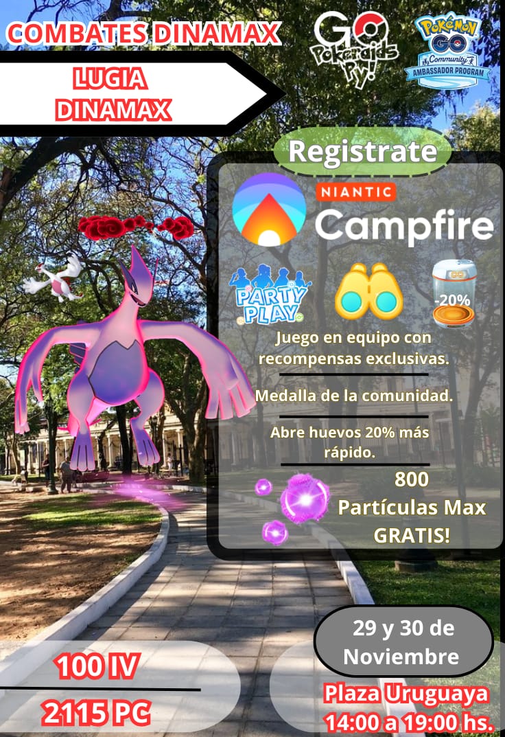 GoPokeraidsPy's tweet photo. Nos vemos este fin de semana en la plaza Uruguaya!

Ven a jugar con la comunidad, camina y llévate premios exclusivos.

Registrate en la aplicación de Campfire y gana más recompensas!

Enlace de registro:
https://t.co/leO0937Cmo

#GoPokeraidsPy! 🇵🇾
#PokemonGOCommunityDay https://t.co/98EZ4kwWDl