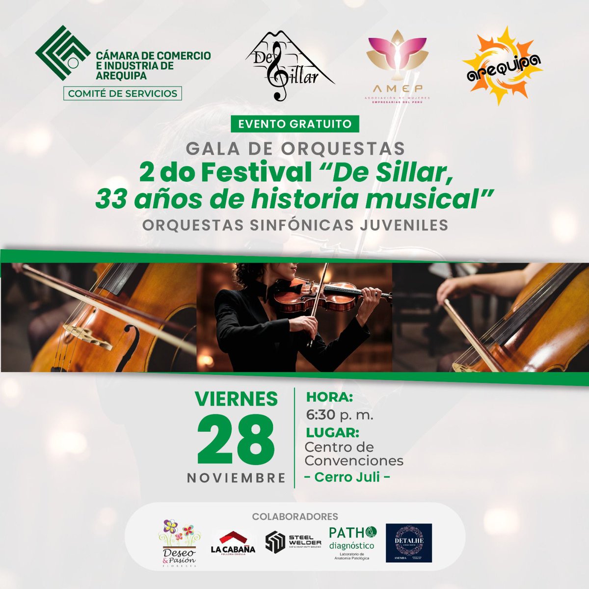 🎻 Las Sinfónicas Juveniles El Sillar celebran 33 años de música, talento y disciplina.

📍 Cerro Juli – Centro de Convenciones
🕡 6:30 p.m.
💜 Ingreso libre – evento gratuito

✨ Acompáñanos y sé parte de esta celebración que inspira y une.