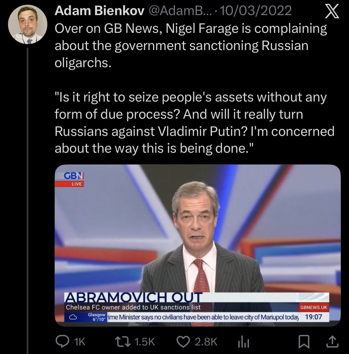 A quick reminder of who Nigel Farage was most concerned about when Putin's tanks first rolled into Ukraine