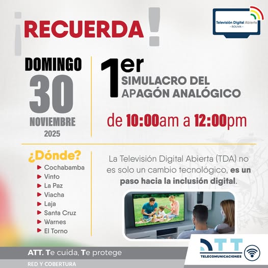 #NotaDePrensa | SIMULACRO DEL APAGÓN ANALÓGICO DURARÁ DOS HORAS ESTE DOMINGO
oopp.gob.bo/.../simulacro-…
#SiempreBolivia