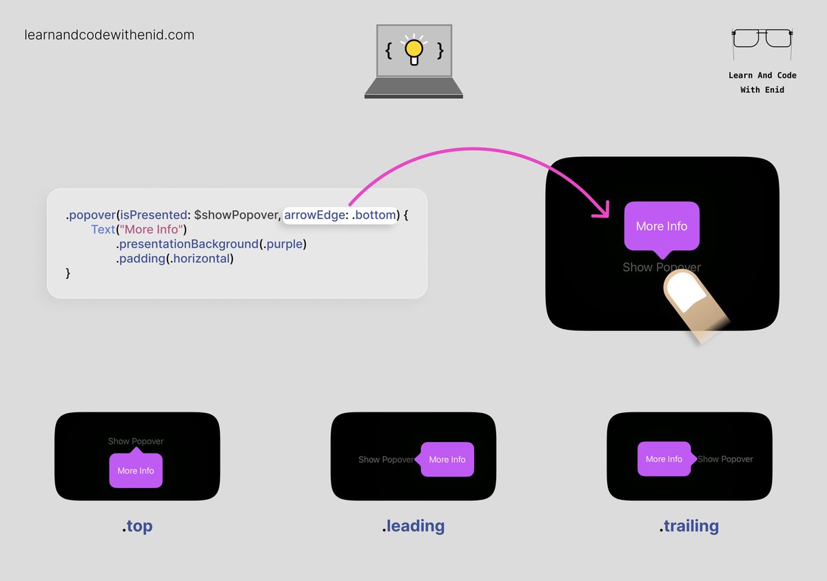 ios_dev_alb's tweet image. SwiftUI Tip 💡

You can control where the popover’s arrow appears - top, bottom, leading, or trailing - using the arrowEdge parameter.

Perfect for creating context-aware popovers.

→ learnandcodewithenid.com
