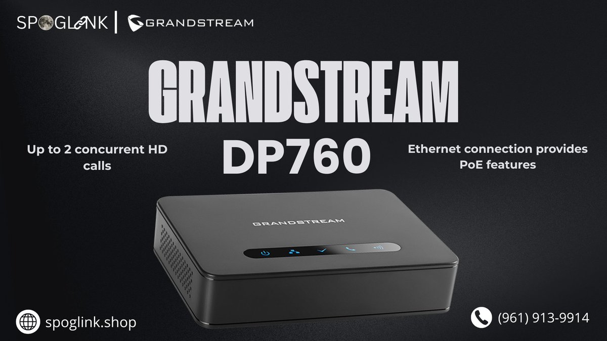 Spoglink's tweet image. Boost your VoIP coverage with the Grandstream DP760 — supports 2 HD calls + PoE for reliable performance.

Shop: spoglink.shop
Call: (961) 913-9914

#Spoglink #Grandstream #VoIP #DP760 #OfficeTech