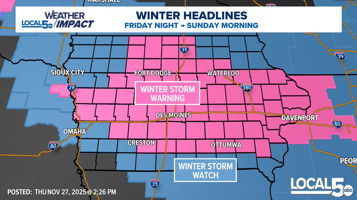 ChrisKuball's tweet image. A Winter Storm Warning is now in place for almost all of central Iowa.  Winter Storm Watch on the southern edge will continue.  Expect high end snow totals Friday night through early Sunday morning.  This map will continue to be fluid over the next 24 hours. #IAWX #DSM