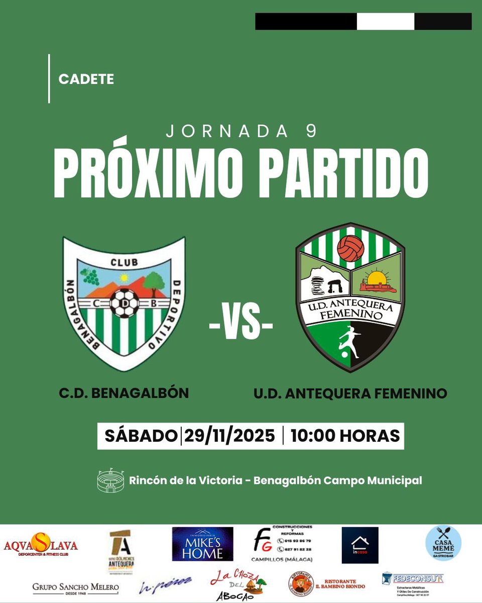 🔥PARTIDO DE LIGA🔥

Comenzamos la 2ª vuelta y nada mas que en casa de las líderes…¡vamos las verdes! 💚🤍 

🗓️ Domingo 29/11 11:40h
📍Marbella
🆚 #PabloPicassoCF
✔️Jornada 10
—
❗️Partido CADETE

Sábado 29 a las 10h fuera ✈️

#LucharJugarYGanar