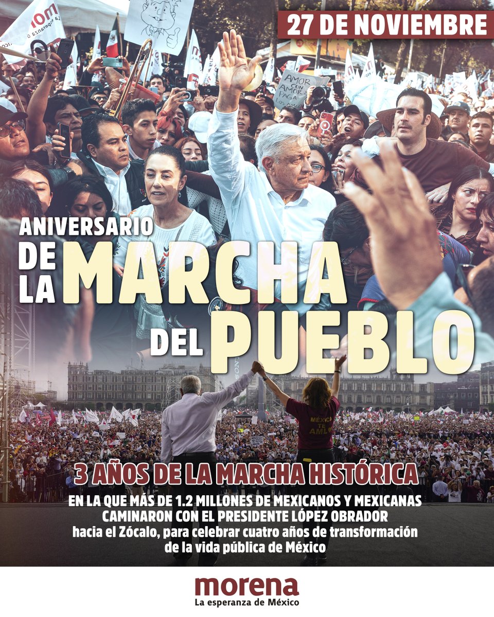 PartidoMorenaMx's tweet image. El 27 de noviembre recordamos la fuerza de un pueblo que no dejó de caminar unido y con convicción…

A tres años de la Marcha del Pueblo, celebramos la participación histórica de millones de mexicanas y mexicanos que hicieron de la transformación una causa colectiva y caminaron…