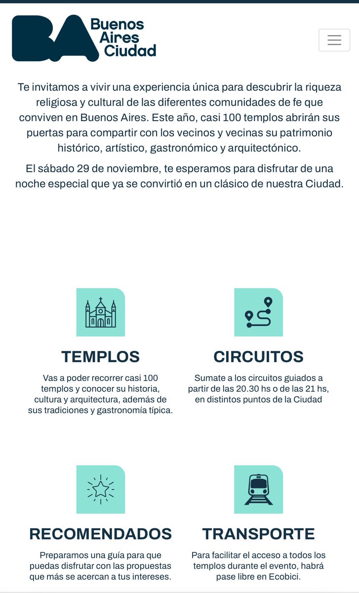 Llega la 9° edición de La Noche de los Templos
Iglesias, sinagogas y mezquitas de la Ciudad estarán abiertas el sábado 29/11 entre las 20 y las 24, con recorridos por más de 100 templos porteños para compartir su historia 
 Más info en lanochedelostemplos.com