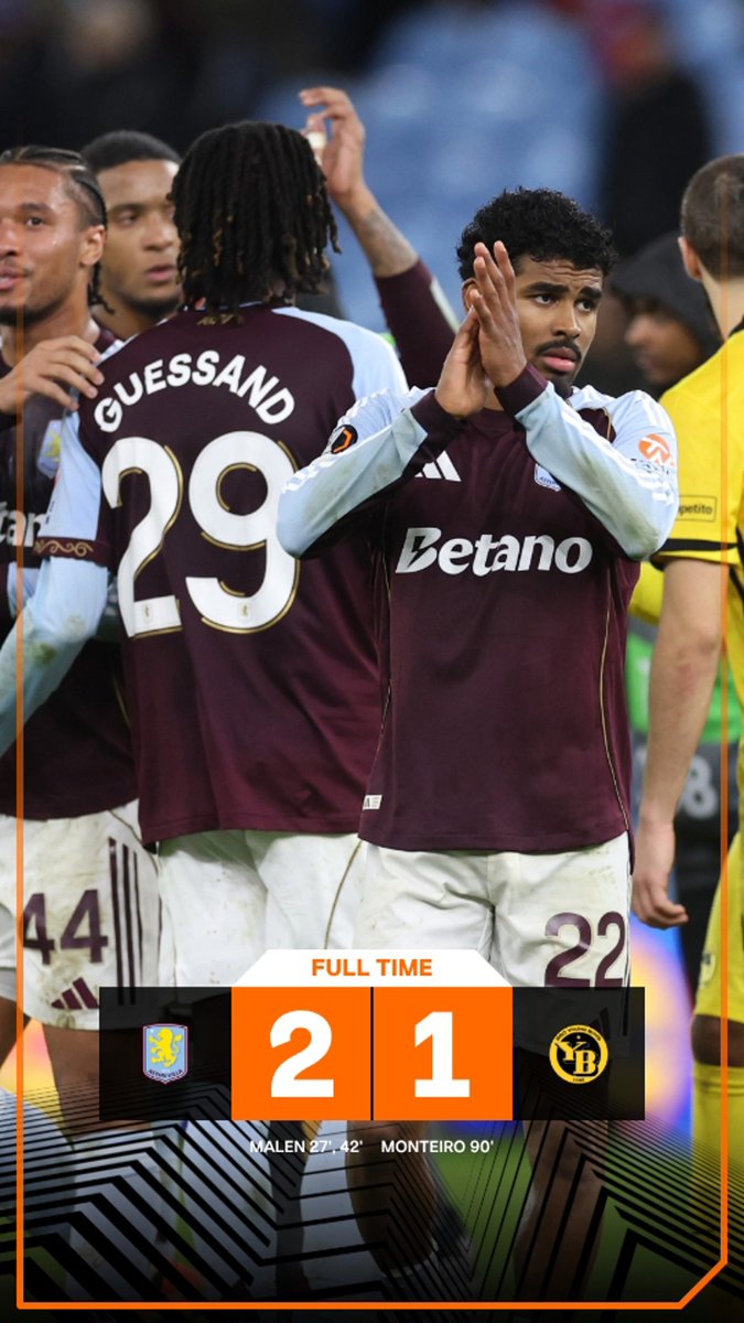 🔚 FULLTIME

🏴󠁧󠁢󠁥󠁮󠁧󠁿 Aston Villa 2-1 Young Boys 🇨🇭

▪️ Double delight for Donyell Malen as Aston Villa beat Young Boys.

#UEL #AVLYB