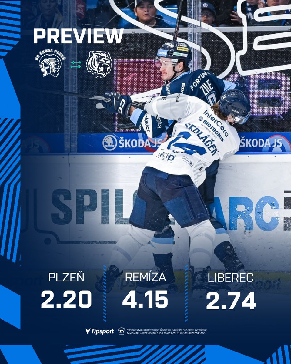 Druhé domácí utkání v tomto týdnu! Zítra k nám dorazí Liberec!⚔️

Jak duel dopadne? 👉🏻 hcplzen.cz/article/18537

Vsaďte si u Tipsportu 👉🏻 tipsport.cz/kurzy/ledni-ho…