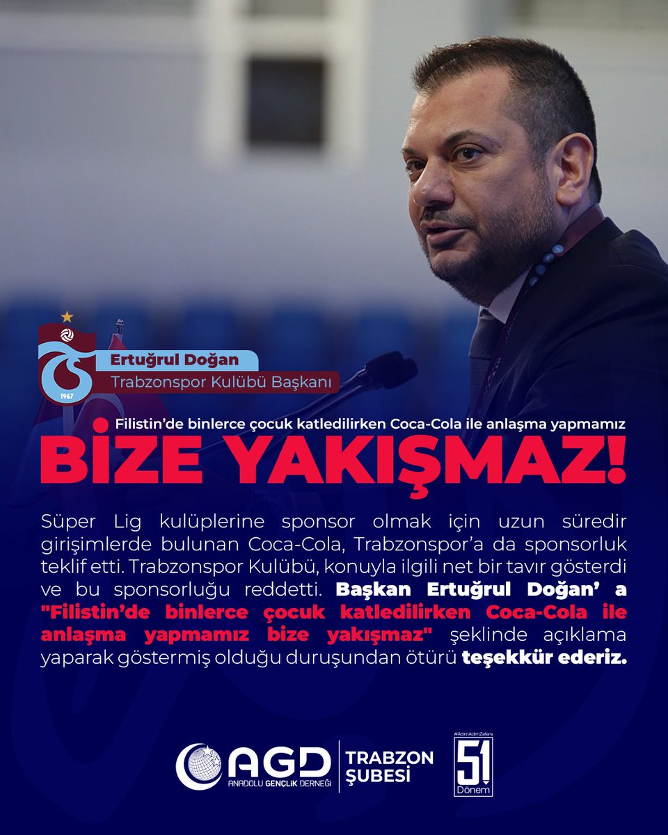 ❝ Filistin’de Binlerce Çocuk Katledilirken Coca-Cola ile Anlaşma Yapmamız Bize Yakışmaz ❞ - Ertuğrul Doğan

Süper Lig kulüplerine sponsor olmak için uzun süredir girişimlerde bulunan Coca-Cola, Trabzonspor’a da sponsorluk teklif etti. Ertuğrul Doğan teklifi reddetti