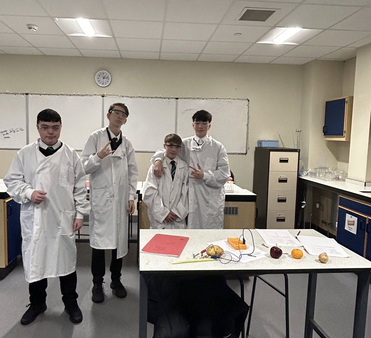 MissxFindlay's tweet photo. Some of our National 5 lab skills pupils in practice today showing off how much they love wearing their PPE 🥼 🥽 

@stbenedictsren https://t.co/viiF4sAY8A