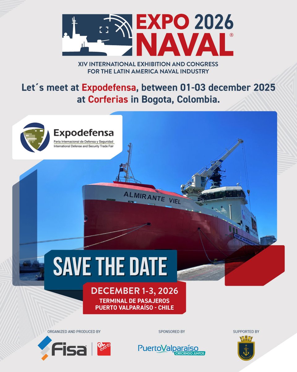 Exponaval_chile's tweet photo. Exponaval delegation arrives in Colombia to promote cooperation at #Expodefensa2025 ⚓🇨🇴

We will be part of Expodefensa, a key space for connecting with navies, industry, technology and actors who discuss the maritime and defence challenges of the future. https://t.co/dvzijN7Fkn