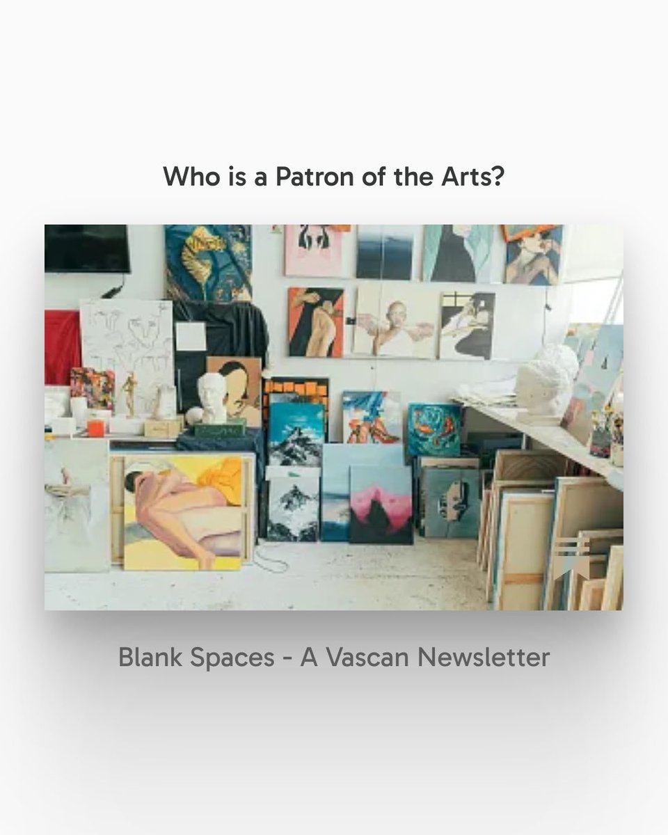 Vascan_io's tweet image. In this edition of Blank Spaces, we unpack the idea of patronage who patrons are, how they empower artists, and the impact they make on creative communities.

Read more 👉 open.substack.com/pub/vascan/p/w…

#BlankSpaces #Vascan #VascanNewsletter #ArtDialogue #ArtEducation #ArtInsights