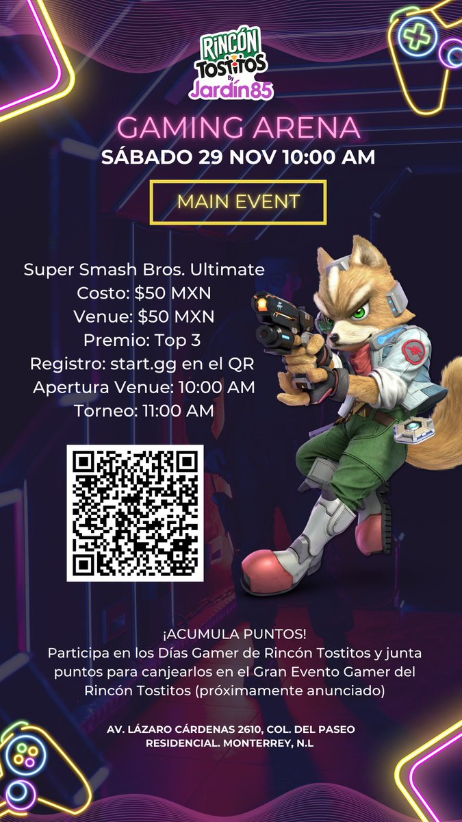 🌃 Gaming Saturday 🌃

Saludos amigos, estaremos apoyando y trayendo este nuevo proyecto 🙌

📅 Sábado 29 Nov
🎮 SSBU (Singles) 
⏰ Singles 11 AM
 📍  Ríncon Tostitos Jardin 85

Espeor que le puedan dar amor a este proyecto bandita 🫶

📝 REGISTRO ABIERTO ⬇️
