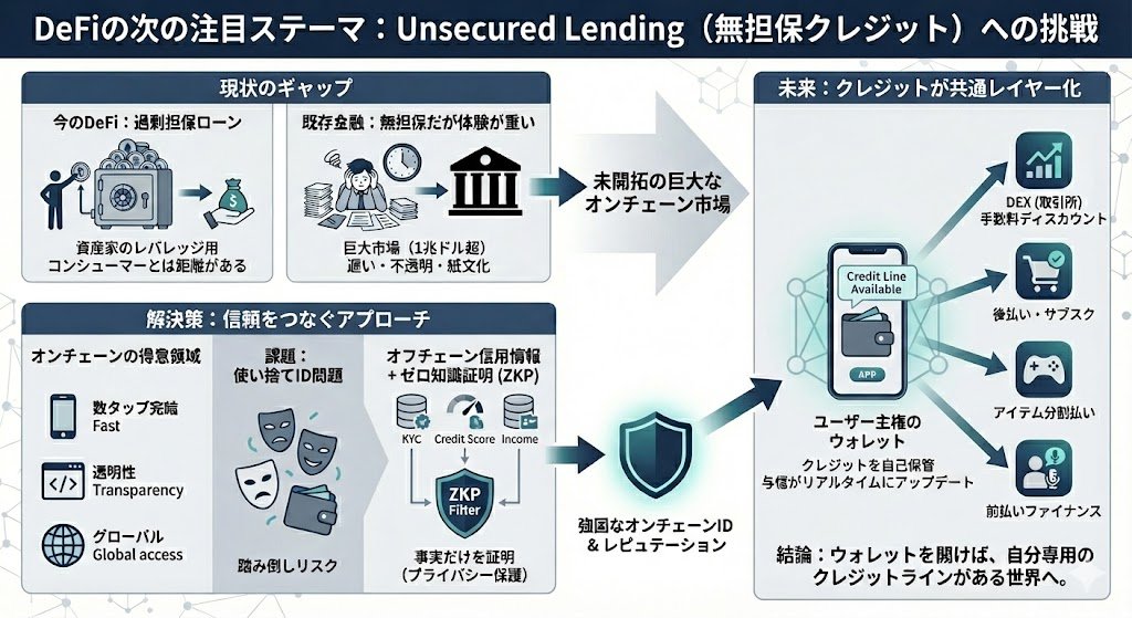 無担保貸付/オンチェーンの与信は、次のDeFiの注目テーマの一つ

Coinbaseも次に来るテーマとして挙げていたが、個人的にもここは大きな波になると考えている。今日は「どんな世界が実現しうるか」を整理してみる。

1. いまのDeFiが抱える根本的な“ズレ”