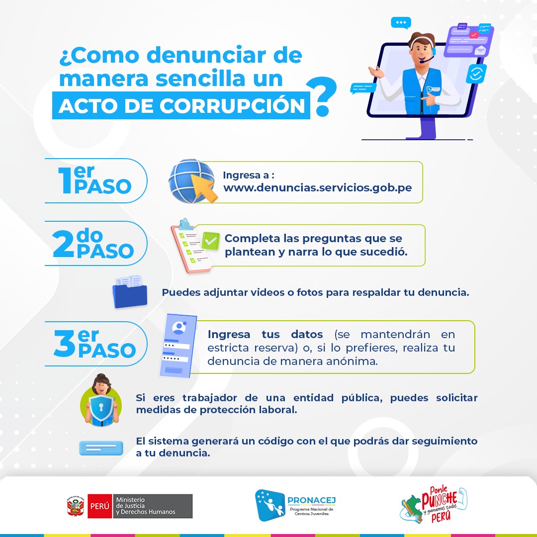 Pronacej_Peru's tweet image. 📢 #LunesDeIntegridad | En el #PRONACEJ promovemos la transparencia y la lucha contra la corrupción. 
🚨Si eres testigo de un acto de corrupción, denúncialo de manera sencilla y segura a través de nuestra plataforma oficial👇
🌐denuncias.servicios.gob.pe