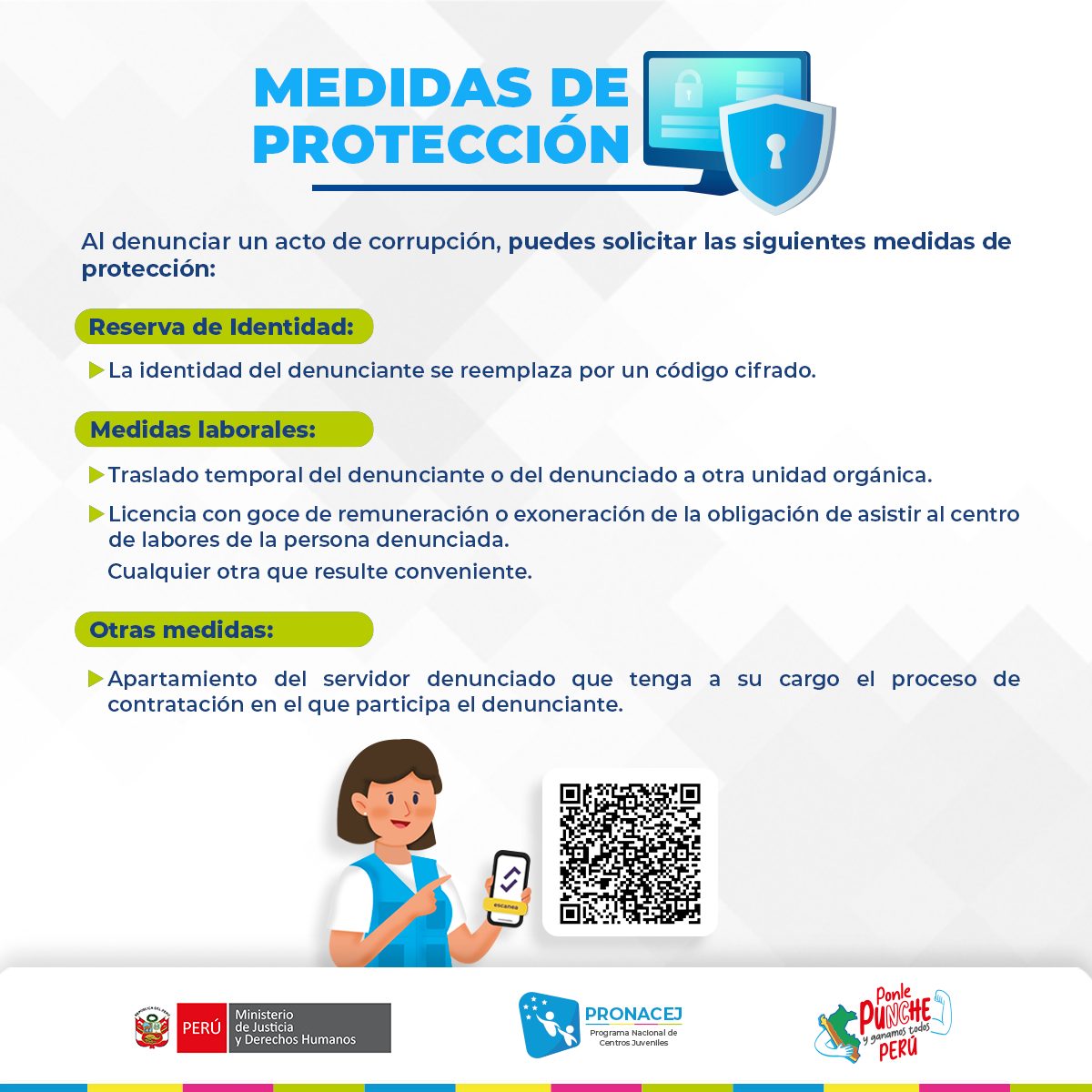 Pronacej_Peru's tweet image. 📢 #LunesDeIntegridad | En el #PRONACEJ promovemos la transparencia y la lucha contra la corrupción. 
🚨Si eres testigo de un acto de corrupción, denúncialo de manera sencilla y segura a través de nuestra plataforma oficial👇
🌐denuncias.servicios.gob.pe