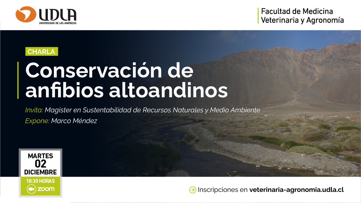 Este martes 2 de diciembre a las 18:30 hrs te invitamos a la charla “Conservación de anfibios altoandinos”, donde el especialista Marco Méndez compartirá claves, desafíos y avances sobre la protección de estas especies únicas.

Inscríbete: udla.zoom.us/webinar/regist…

#MedioAmbiente