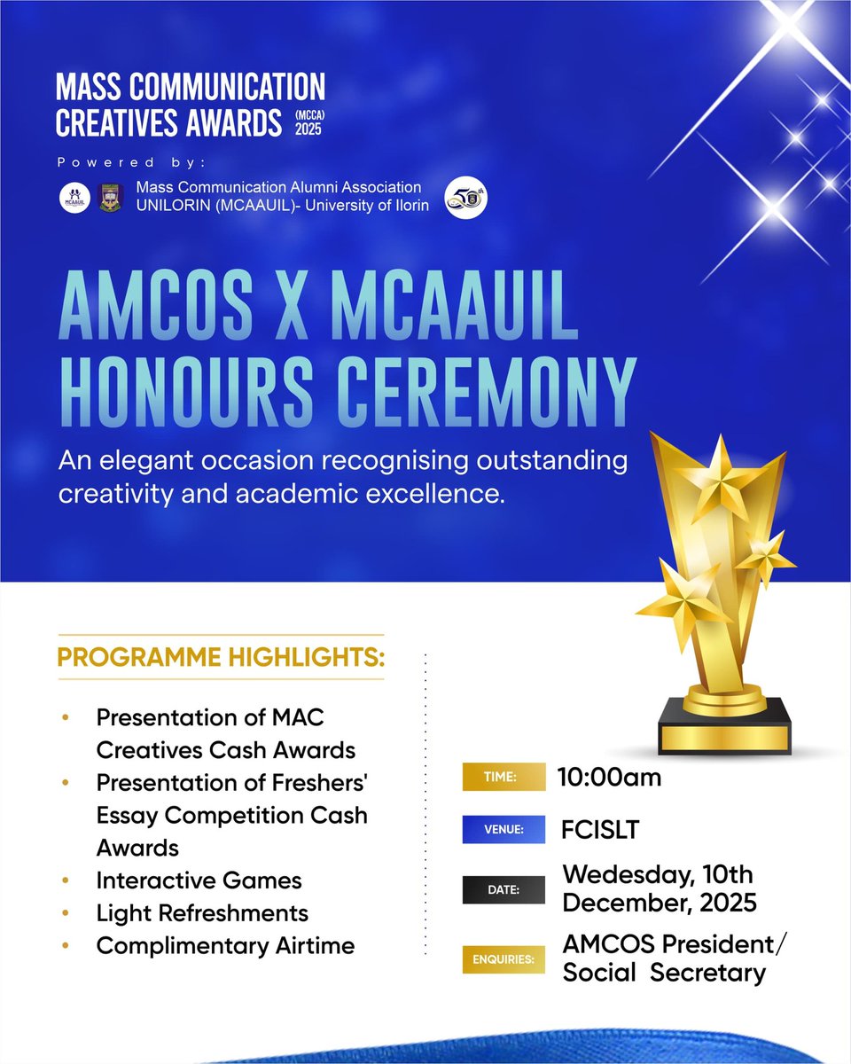 amcosunilorin's tweet image. 🏆 Save the Date! AMCOS X MCAAUL Honours Ceremony
Dec 10| 10 AM | 📍FCISLT
Celebrating creativity&amp;amp; excellence with awards, games &amp;amp; refreshments! See you there!👑
#AMCOSUNILORIN