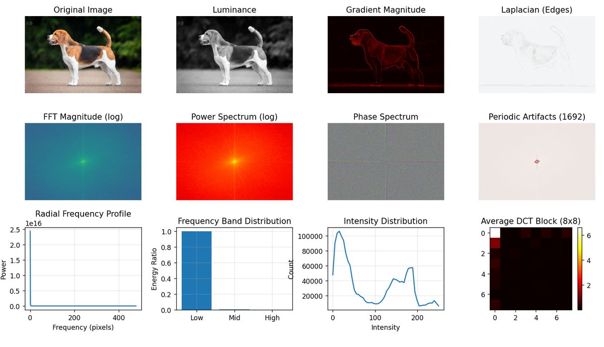 ojuliocode's tweet image. Eu estou fazendo um estudo sobre isso

Basicamente, dá pra gente ver algumas diferenças entre imagens real e de IA por transformadas de Fourier, e outros aspectos da imagem