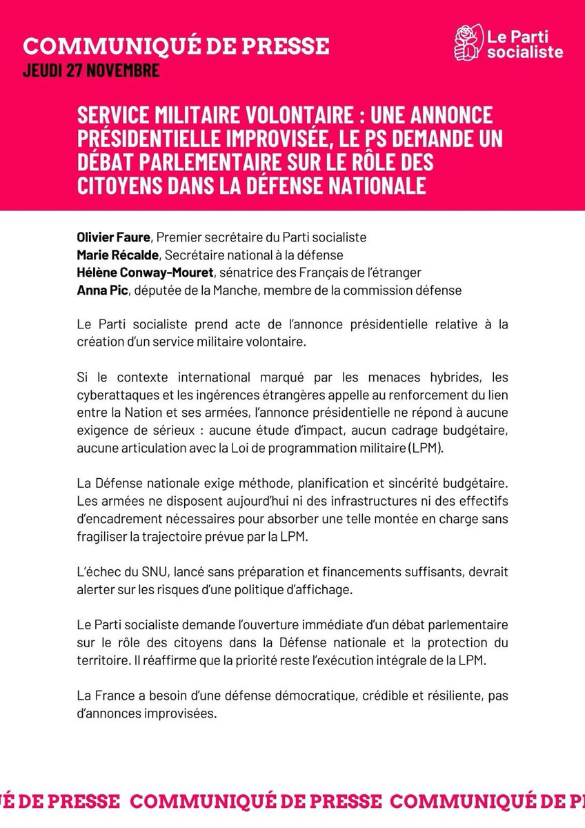🔴 Communiqué de presse 

Service militaire volontaire : un débat présidentiel improvisé : le PS demande un débat parlementaire sur le rôle des citoyens dans la défense nationale 

➡️ parti-socialiste.fr/service_milita…