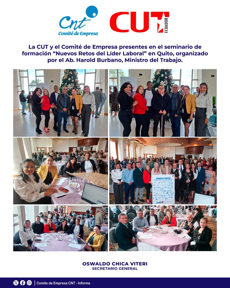 La CUT y el Comité de Empresa presentes en el seminario Nuevos Retos del Líder Laboral en Quito, organizado por el Ab. Harold Burbano desde el <a href="/MinTrabajoEc/">Ministerio del Trabajo Ecuador 🇪🇨</a>.
 <a href="/haburbano/">Harold Burbano</a>
#CUT #LiderazgoLaboral #FormaciónSindical #Quito #Ecuador 🤝💼