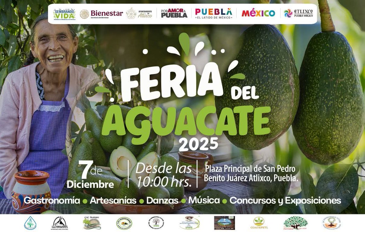 🥑💚 Atlixco se viste de
tradición y sabor.

Te invitamos a vivir la Feria del Aguacate 2025, un encuentro lleno de cultura, alegría y comunidad.

¡Nos vemos el 7 de diciembre en San Pedro Benito Juárez!🌿

#AmbasManos #Atlixco #Feria #Aguacate
